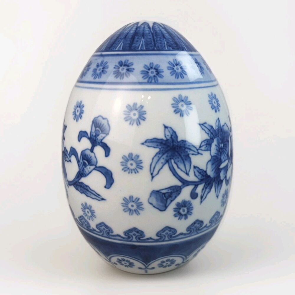 Large 8" Tall Blue White Decorative Egg Chinoiserie Mann China